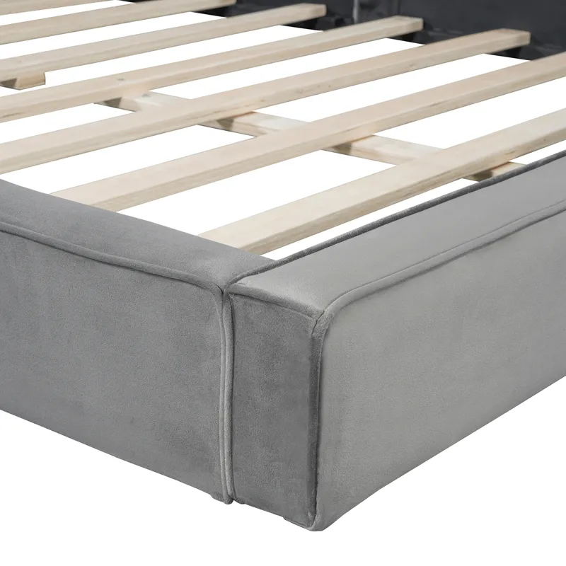 Queen Size Upholstered Platform Bed With , Grounded Bed With Solid Frame - Gray