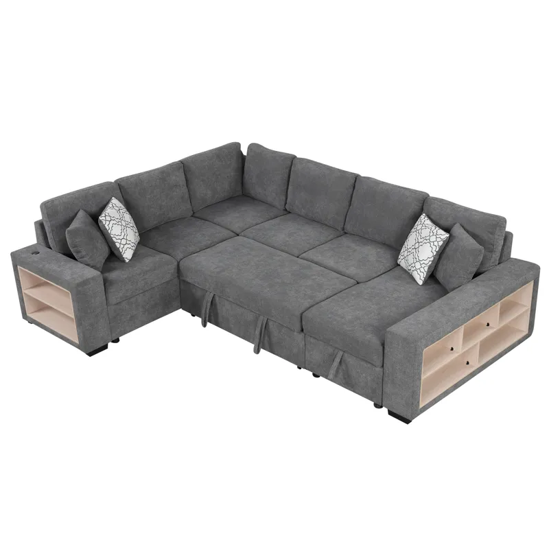 U-Shaped Sectional Sofa Pull-Out Sofa Bed With Two USB Ports, A Storage Chaise Lounge And Four Back 