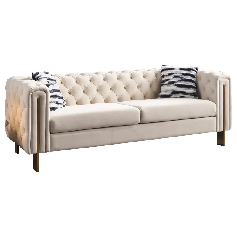 Chesterfield - Modern Tufted Velvet Living Room Sofa, 84.25\'\'W Couch - Cream