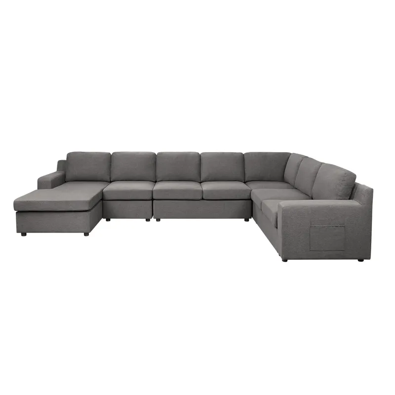Waylon - Linen 7-Seater U-Shape Sectional Sofa Chaise With Pocket - Gray