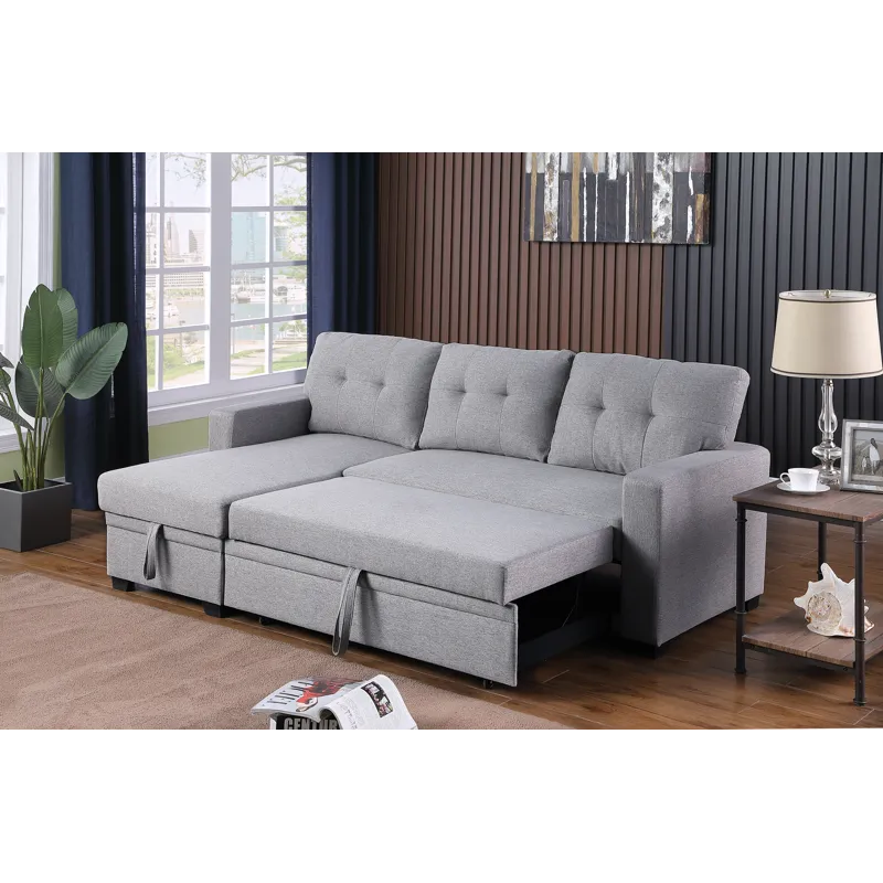 Upholstered Pull Out Sectional Sofa With Chaise - Light Gray