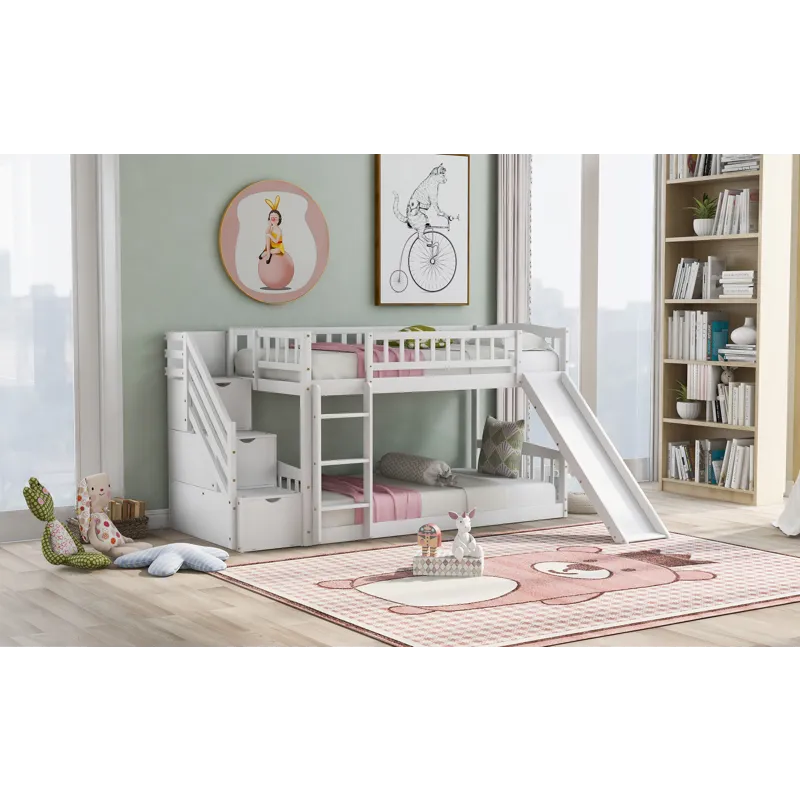 Stairway Twin Over Twin Bunk Bed With Two Drawers And Slide - White