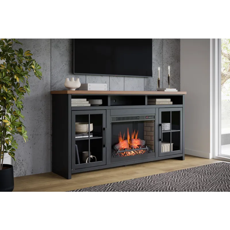 Bridgevine Home - Essex 74" Fireplace TV Stand Console - Black and Whiskey Finish