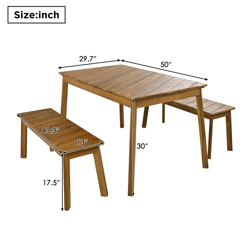 3 Pieces Acacia Wood Table Bench Dining Set For Outdoor & Indoor Furniture With 2 Benches, Picnic Be