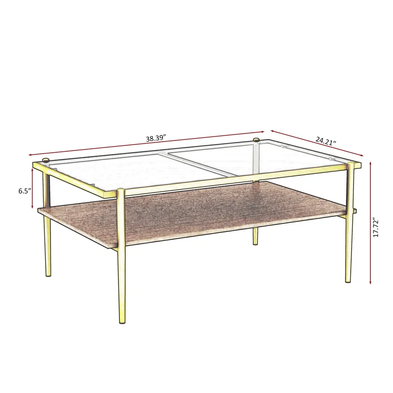 Rectangle Coffee Table With Tempered Glass Top, Modern Table For Living Room - Gray / Gold