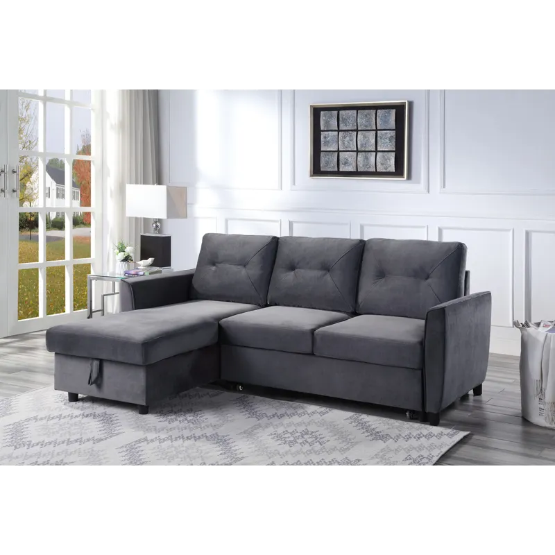 Hudson - Velvet Reversible Sleeper Sectional Sofa With Storage Chaise - Dark Gray