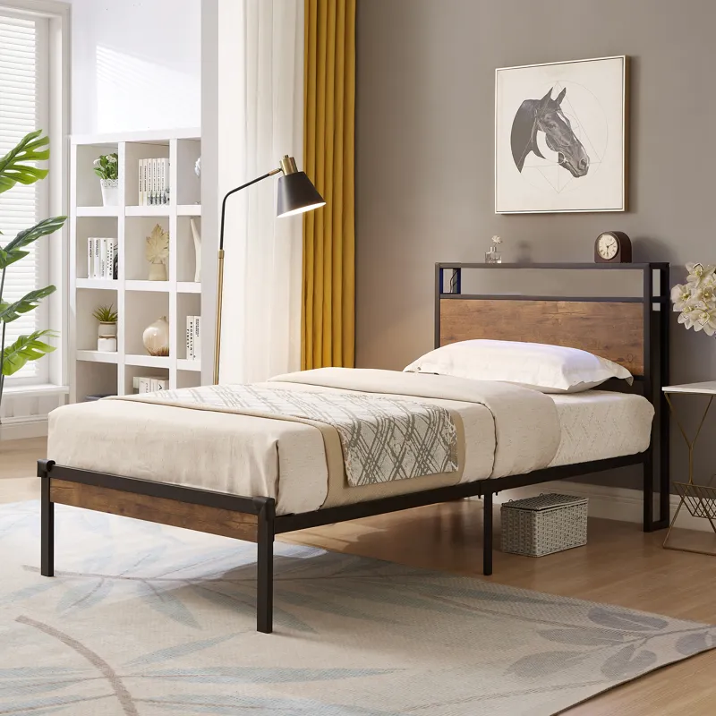 Twin Size Metal Platform Bed Frame With Wooden Headboard And Footboard With USB Liner, No Box Spring