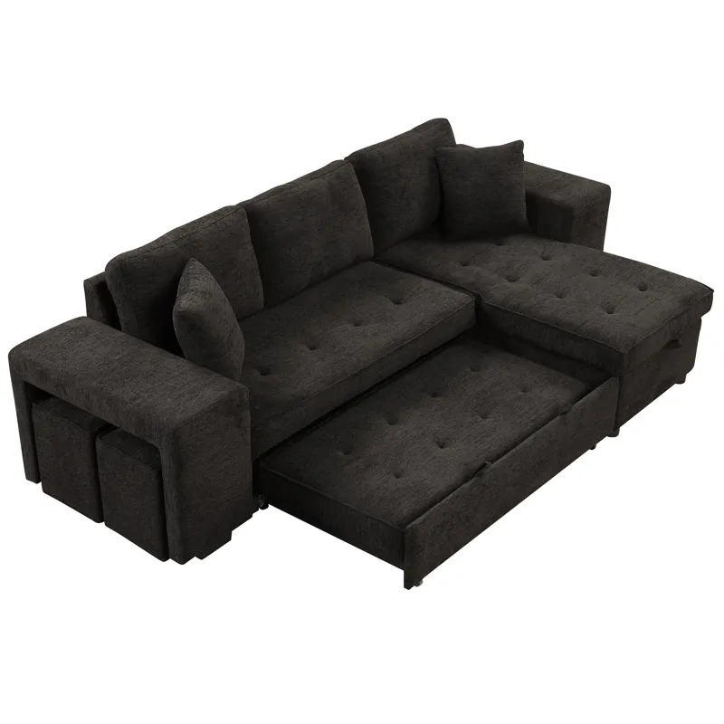 Modern L-Shape 3 Seat Reversible Sectional Couch, Pull Out Sleeper Sofa With Storage Chaise And 2 St