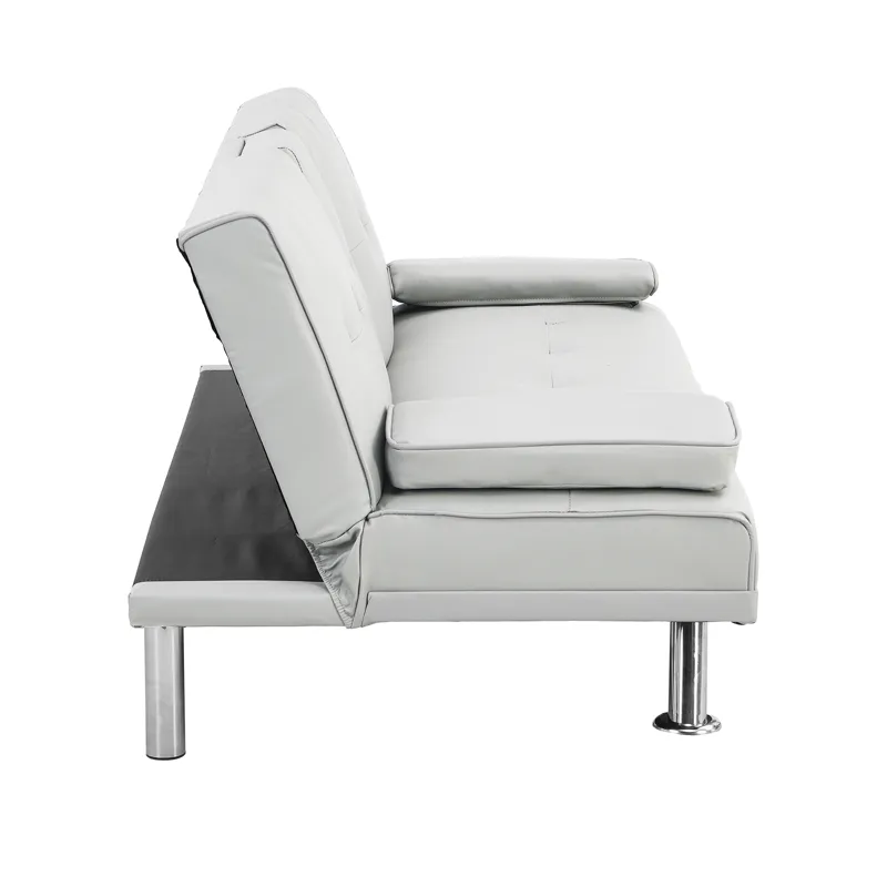 Sofa Bed With Armrest Two Holders Wood Frame, Stainless Leg, Futon - White