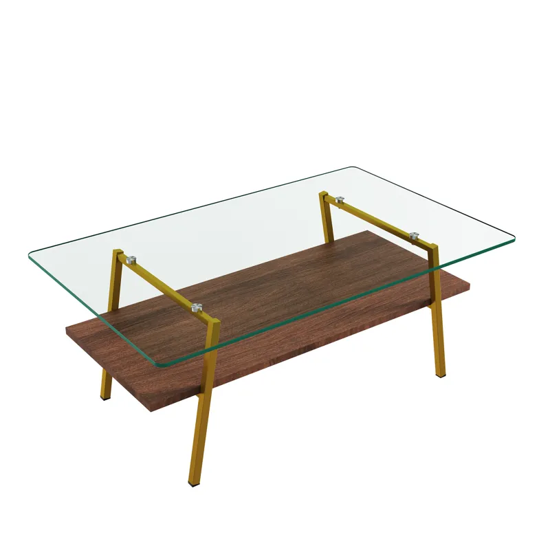 Rectangle Coffee Table, Tempered Glass Tabletop With Gold Metal Legs, Modern Table For Living Room, 