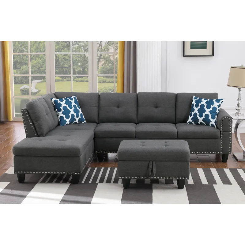 Alger - 98" Wide Left Hand Facing Sofa & Chaise With Ottoman - Dark Gray