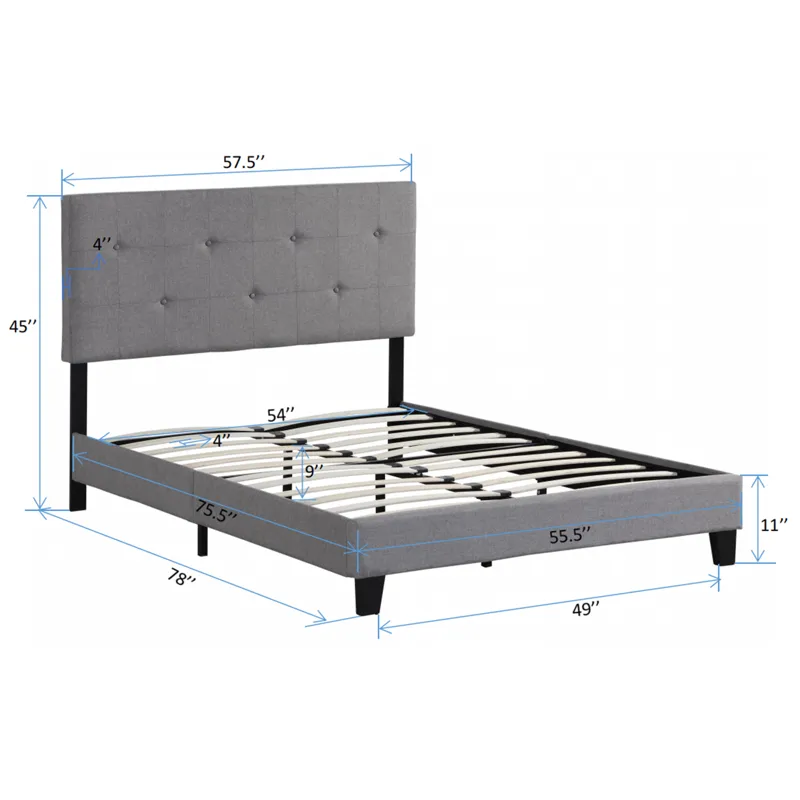Full Size Upholstered Platform Bed Frame With Modern Button Tufted Linen Fabric Headboard, No Box Sp