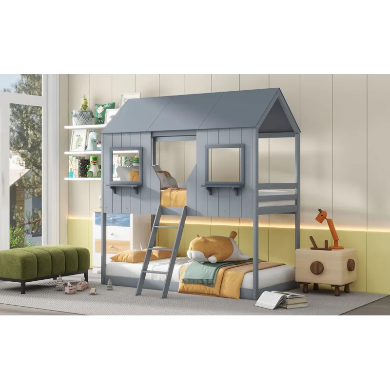 78\" Twin Over Twin Bunk Bed Wood Bed With Roof, Window, Guardrail, Ladder - Gray