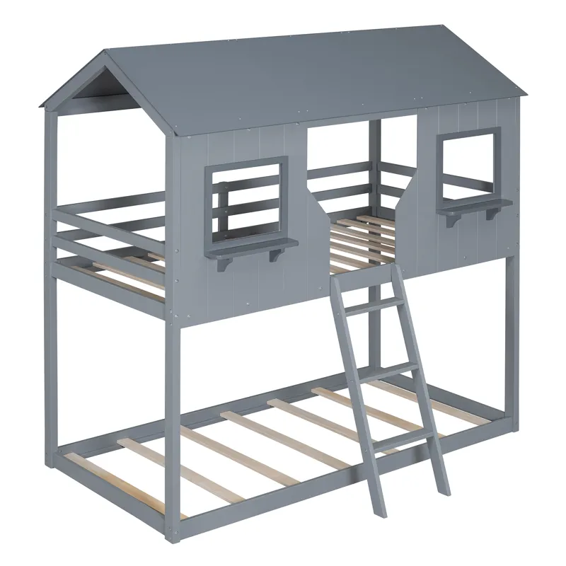 78\" Twin Over Twin Bunk Bed Wood Bed With Roof, Window, Guardrail, Ladder - Gray