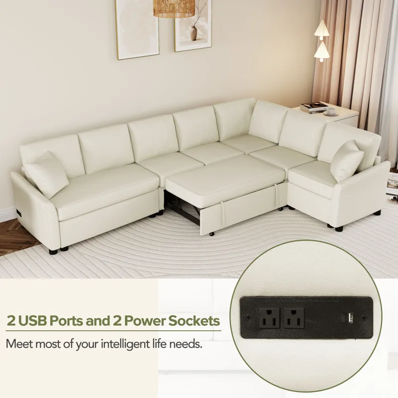 L-Shaped Sofa Convertible Sofa Bed Pull Out Sofa Sleeper With Two Back Pillows, Two USB Ports And Tw