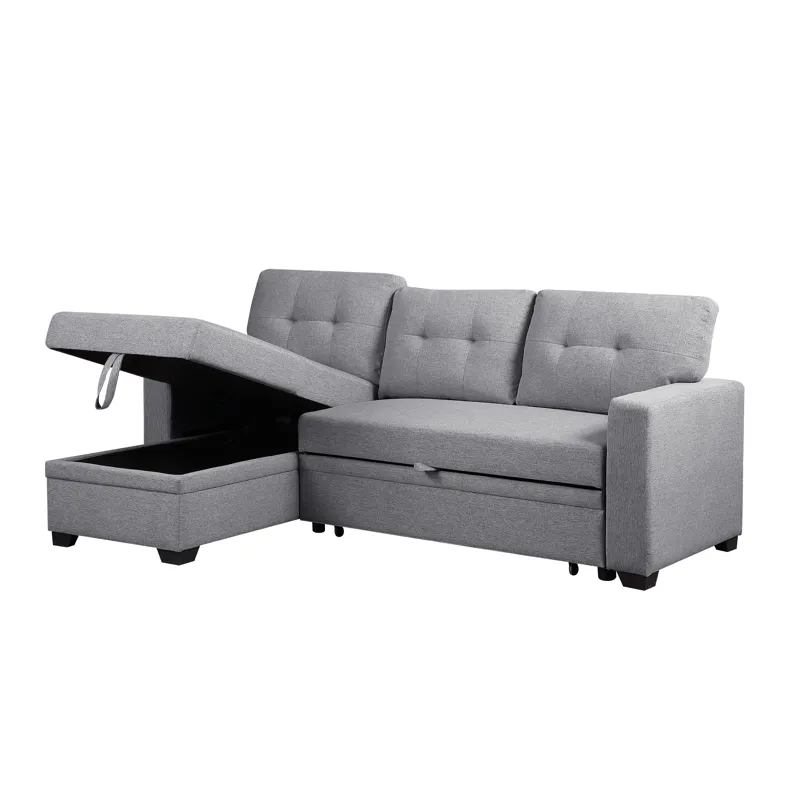 Upholstered Pull Out Sectional Sofa With Chaise - Light Gray