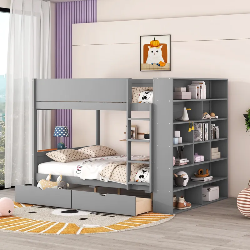 Full Over Full Bunk Bed With 2 Drawers And Multi - Layer Cabinet - Gray
