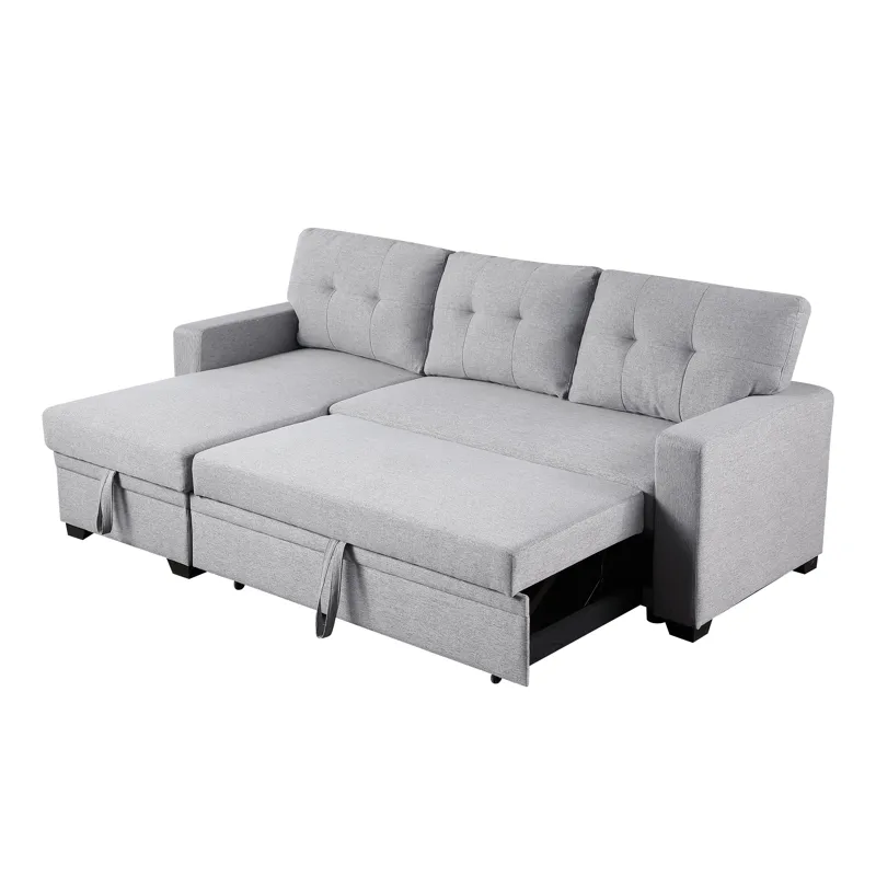 Upholstered Pull Out Sectional Sofa With Chaise - Light Gray