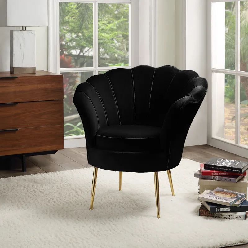Angelina - Velvet Scalloped Back Barrel Accent Chair With Metal Legs - Black