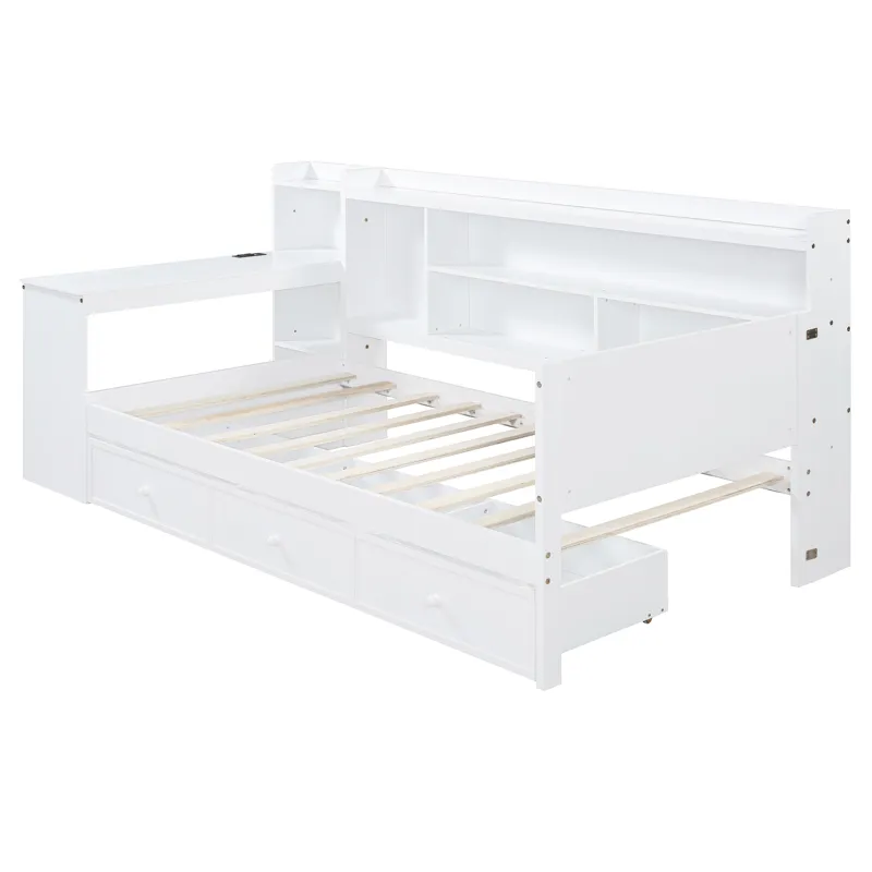 Twin Size Wooden Daybed With 3 Drawers, USB Ports And Desk - White