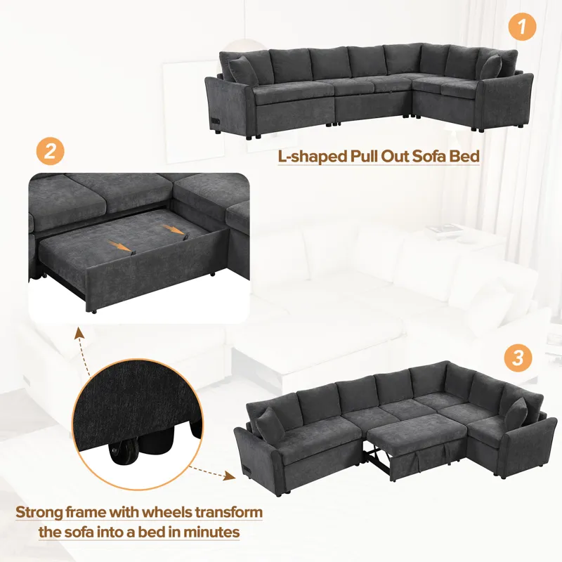 L-Shaped Sofa Convertible Sofa Bed Pull Out Sofa Sleeper With Two Back Pillows, Two USB Ports And Tw