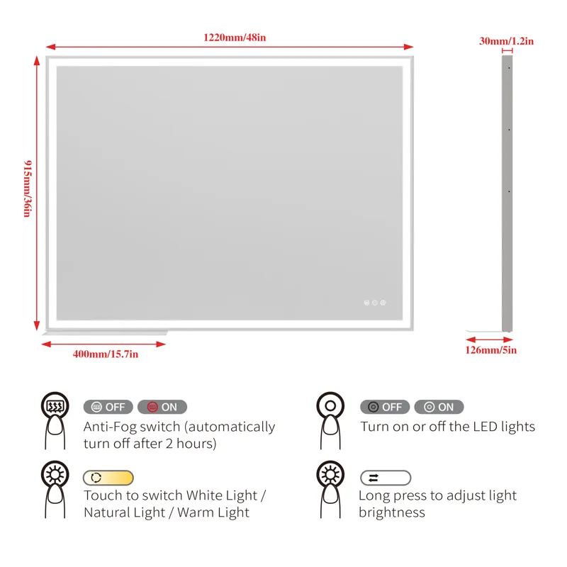 LED Bathroom Vanity Mirror Wall Mounted, Adjustable White / Warm / Natural Lights Anti-Fog Touch Swi