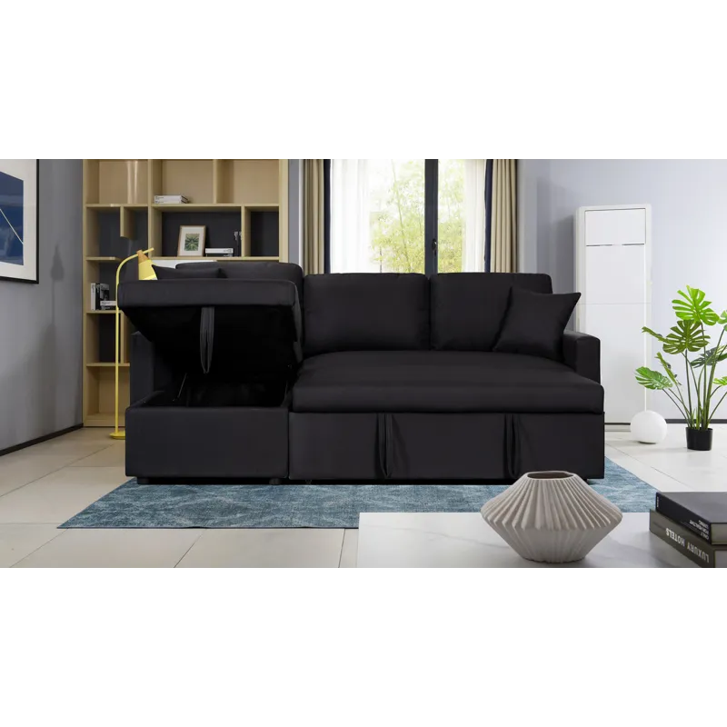 Paisley - Linen Fabric Reversible Sleeper Sectional Sofa With Storage Chaise - Black