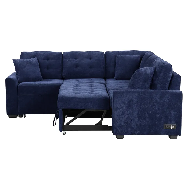 L-Shape Sofa Bed Pull-Out Sleeper Sofa With Wheels, USB Ports, Power Sockets For Living Room - Navy 