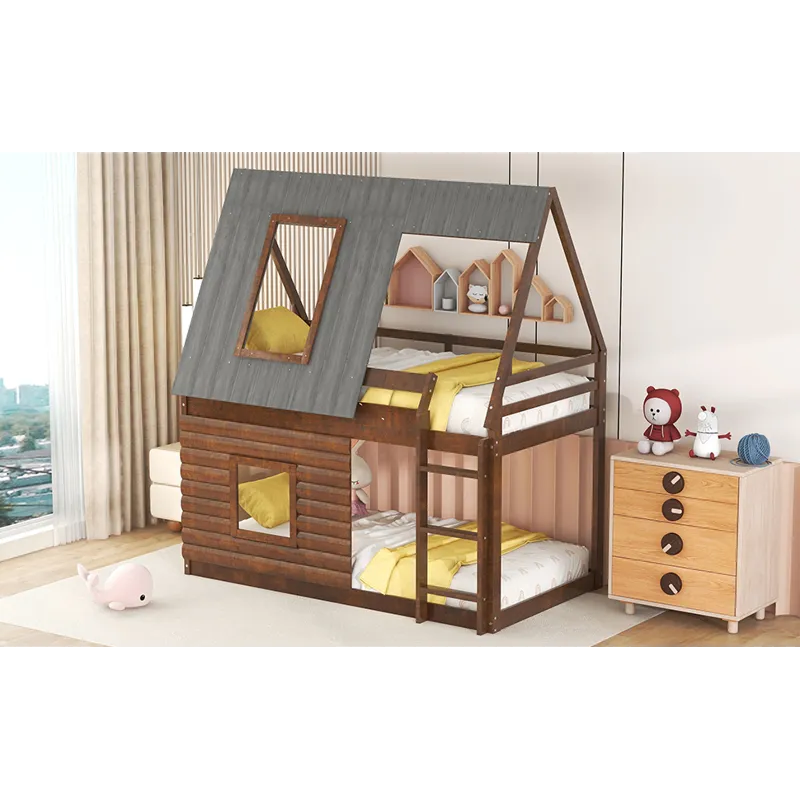 Wood Twin Size House Bunk Bed With Roof, Ladder And 2 Windows - Oak & Smoky Gray