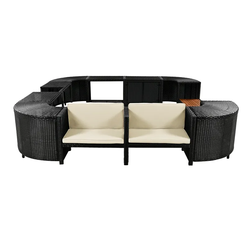 Spa Surround Spa Frame Quadrilateral Outdoor Rattan Sectional Sofa Set With Mini Sofa, Wooden Seats 