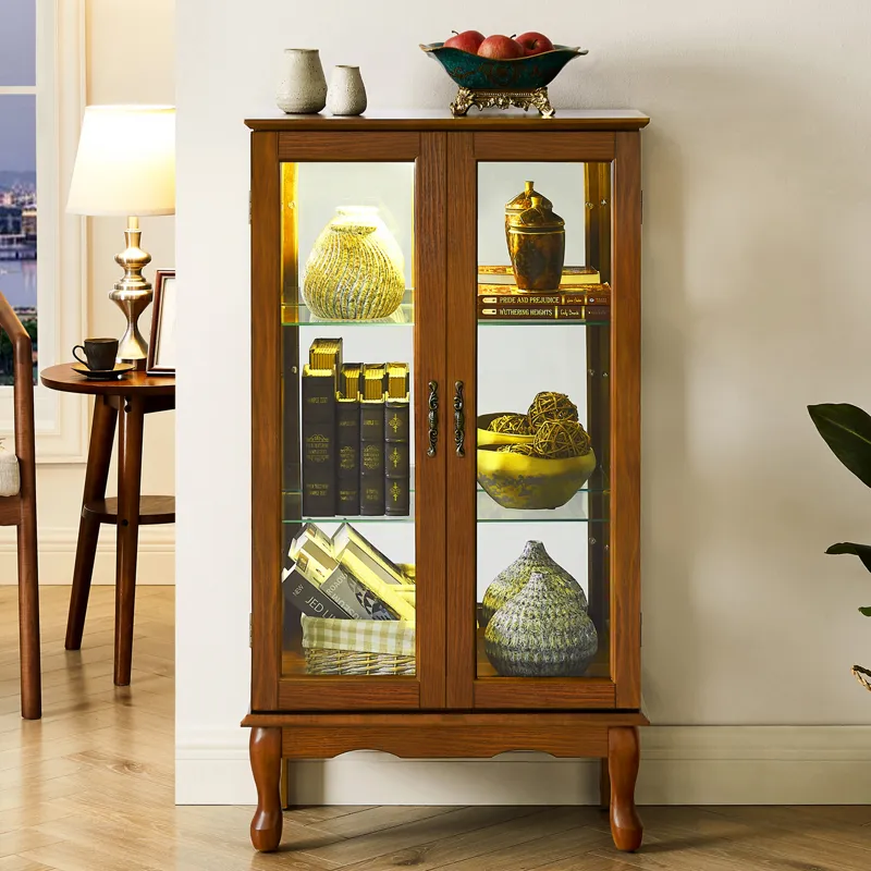 Curio Cabinet Lighted Curio Diapaly Cabinet With Adjustable Shelves And Mirrored Back Panel, Tempere