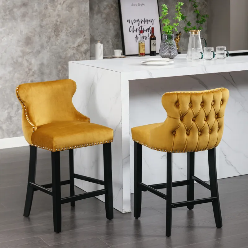 Contemporary Velvet Upholstered Wing-Back Barstools With Button Tufted Decoration And Wooden Legs, A