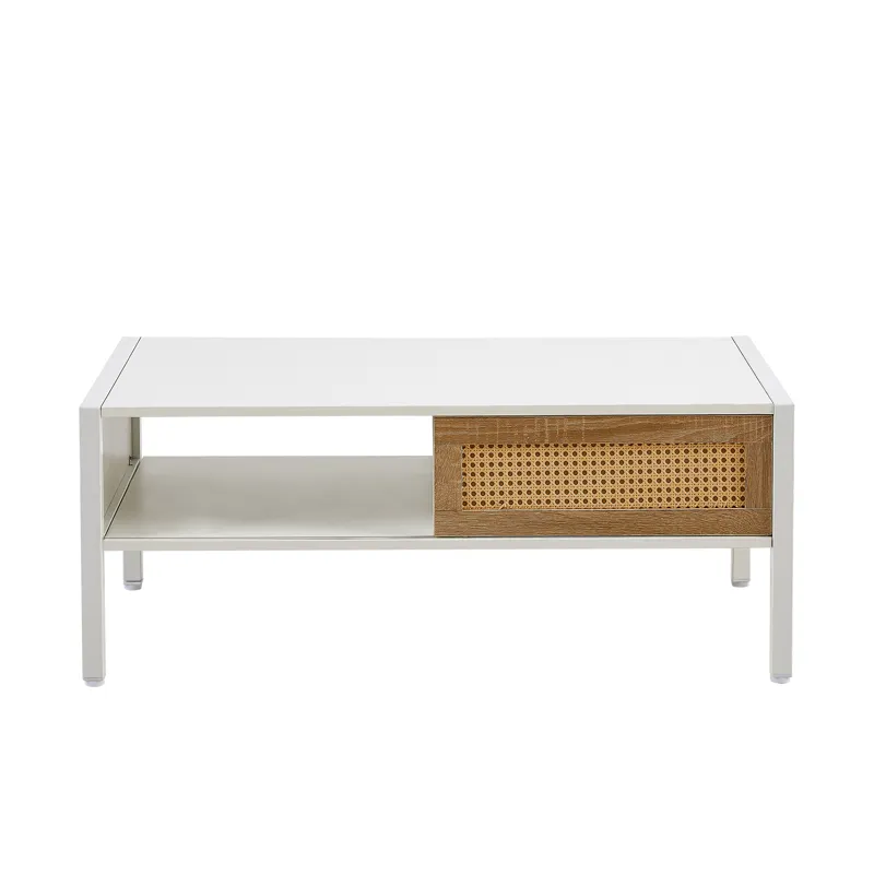 40.16\" Rattan Coffee Table, Sliding Door For Storage, Metal Legs, Modern Table For Living Room - Wh