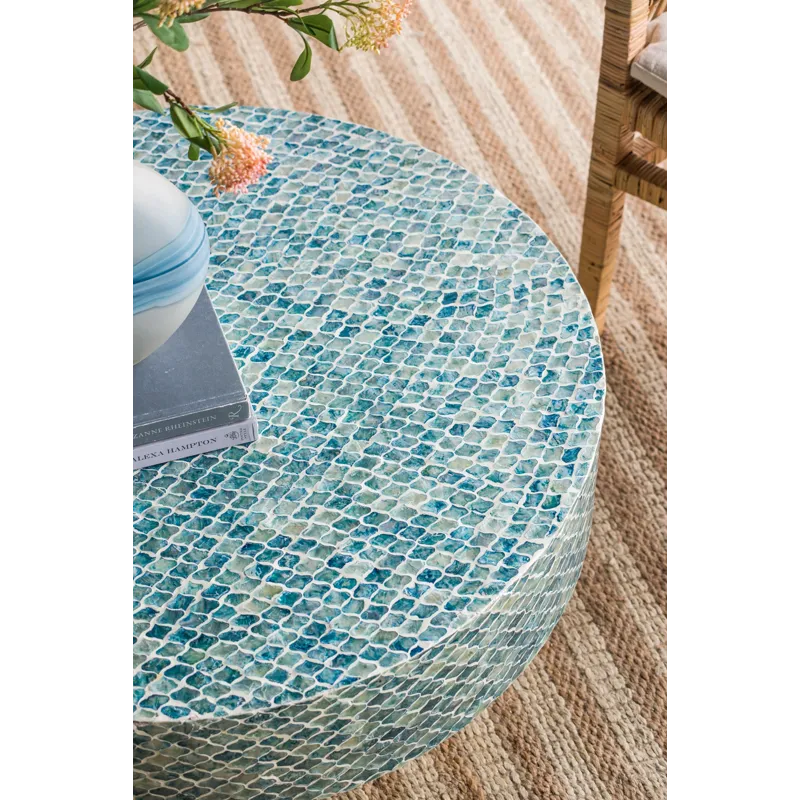 Unique Hyperion Capiz Inlay Drum Coffee Table With Gold Pedestal Base - Multi