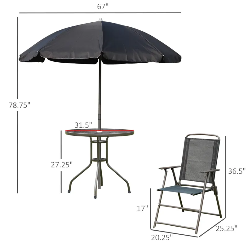 Outsunny - 6 Piece Patio Dining Set For 4 With Umbrella, Outdoor Table And Chairs With 4 Folding Din
