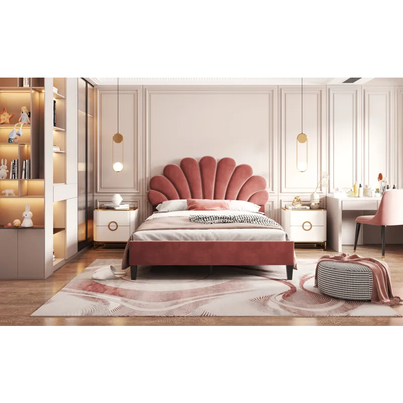 Full Size Upholstered Platform Bed With Flower Pattern Velvet Headboard - Bean Paste Red