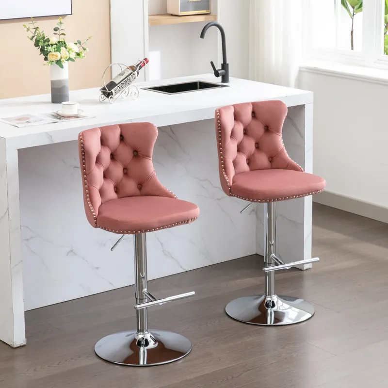 Swivel Velvet Barstools Adjusatble Seat Height From 25-33\", Modern Upholstered Chrome Base Bar Stoo