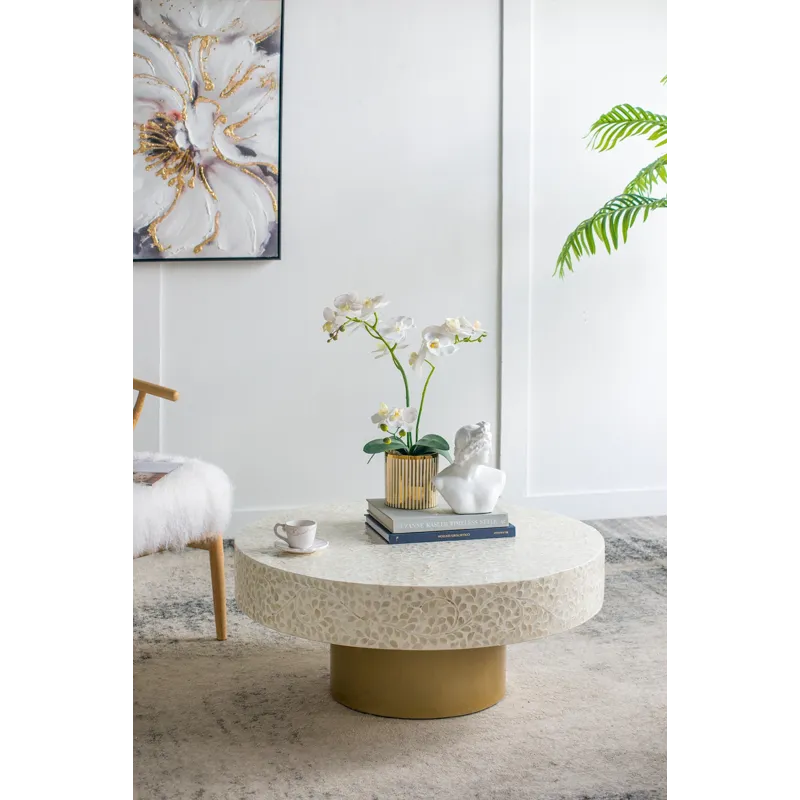 Unique Capiz Coffee Table With Pedestal Base - Cream / Gold