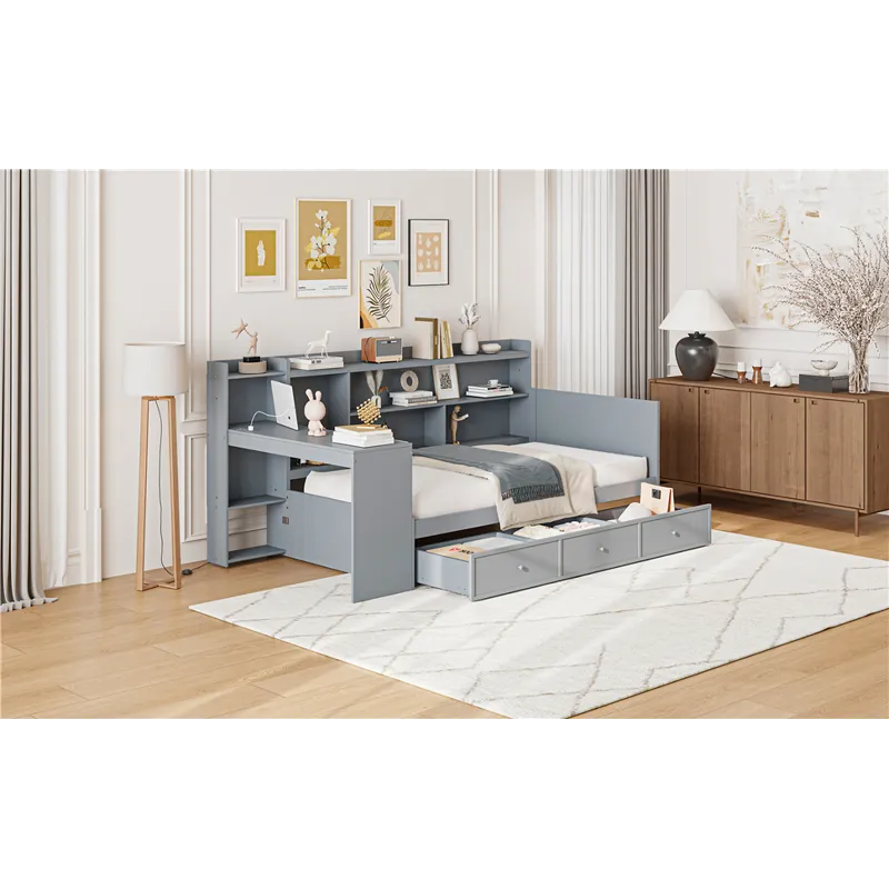 Twin Size Wooden Daybed With 3 Drawers, USB Ports And Desk - Gray
