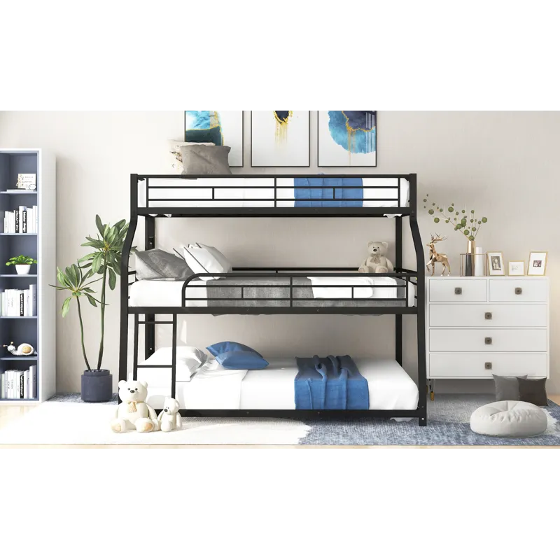 Twin Long / Full Long / Queen Triple Bunk Bed With Long And Short Ladder And Full-Length Guardrails 