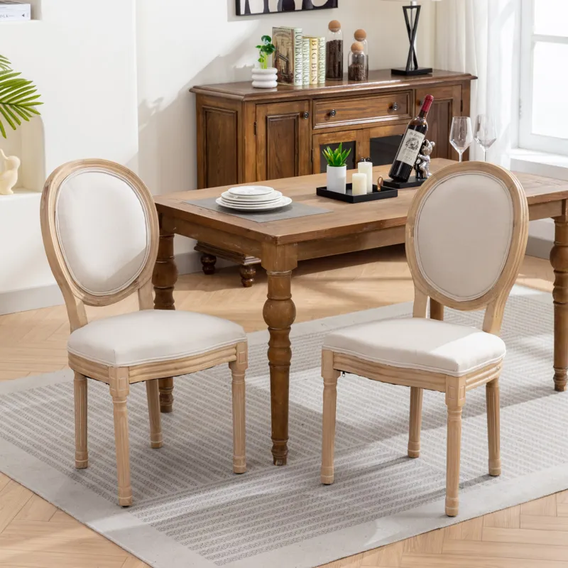 French Style Solid Wood Frame Antique Painting Linen Fabric Back Dining Chair (Set of 2) - Beige