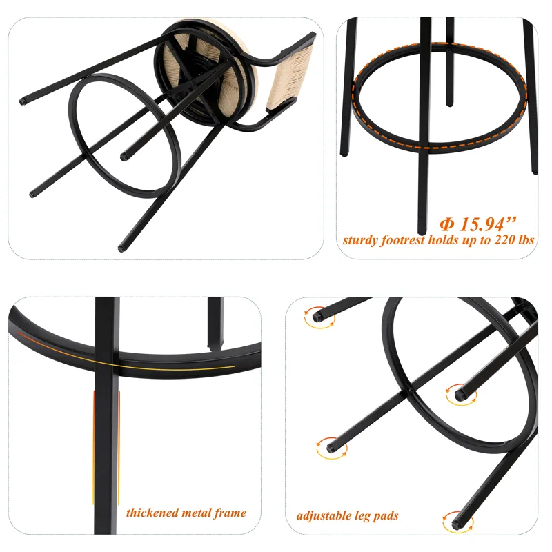 Bar Stools Swivel Counter Chairs With Metal Frame (Set of 2) Hand Woven Paper Rope Dining Barstools 