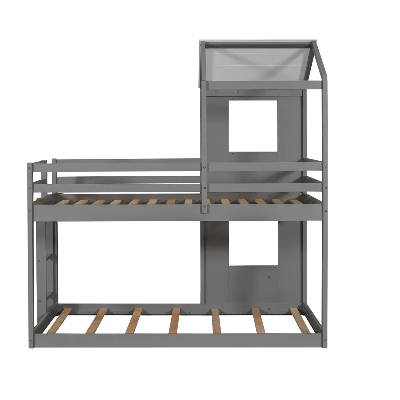 Twin Over Twin Bunk Bed Wood Bed With Roof, Window, Guardrail, Ladder - White
