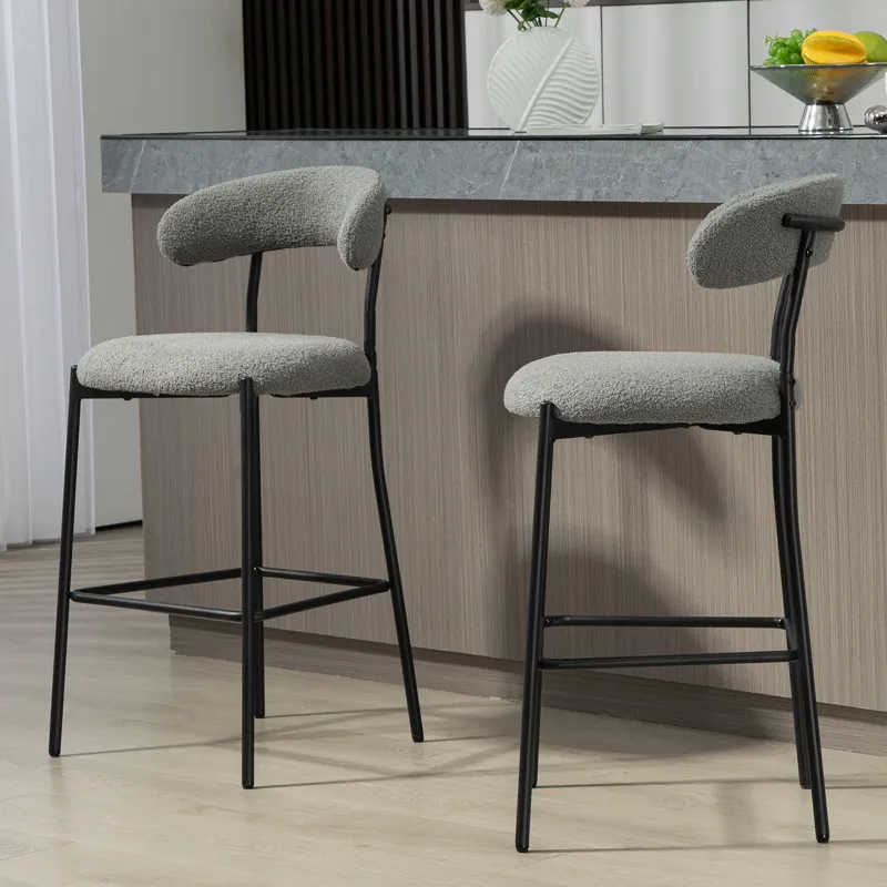 26\'\' Counter Height Bar Stools Teddy Fabric Cover Kitchen Island Counter Bar Stool With Black Powd
