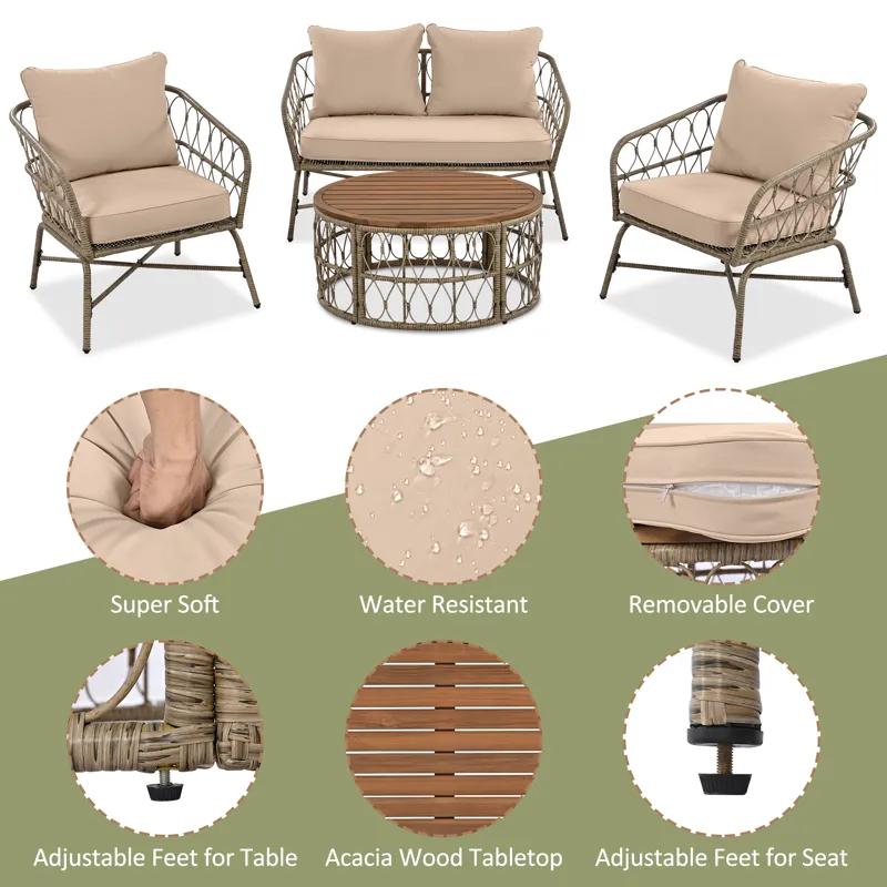Bohemia-Inspired 4 Person Outdoor Seating Group With Removable Cushions, Conversation Patio Set With
