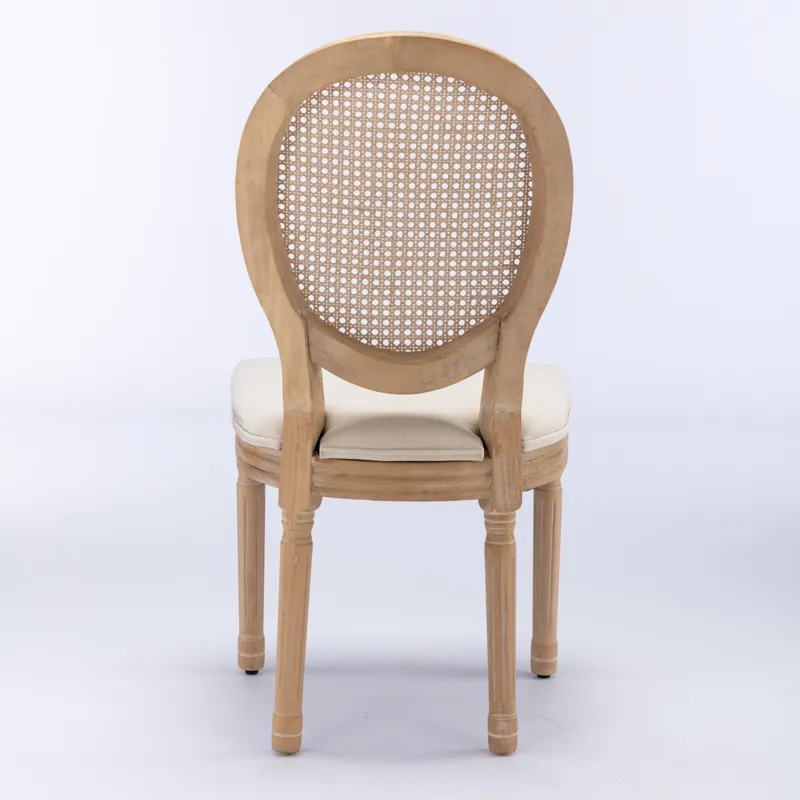 French Style Solid Wood Frame Antique Painting Linen Fabric Rattan Back Dining Chair (Set of 2) - Cr