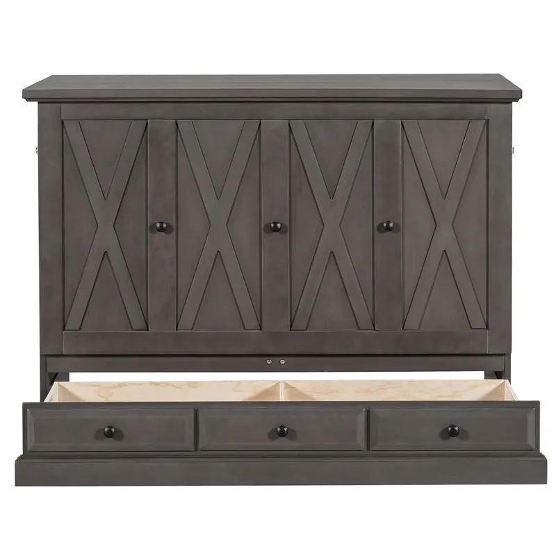 Full Solid Pine Murphy Bed Chest Cube Cabinet Bed With Charging Station And Large Storage Drawer For