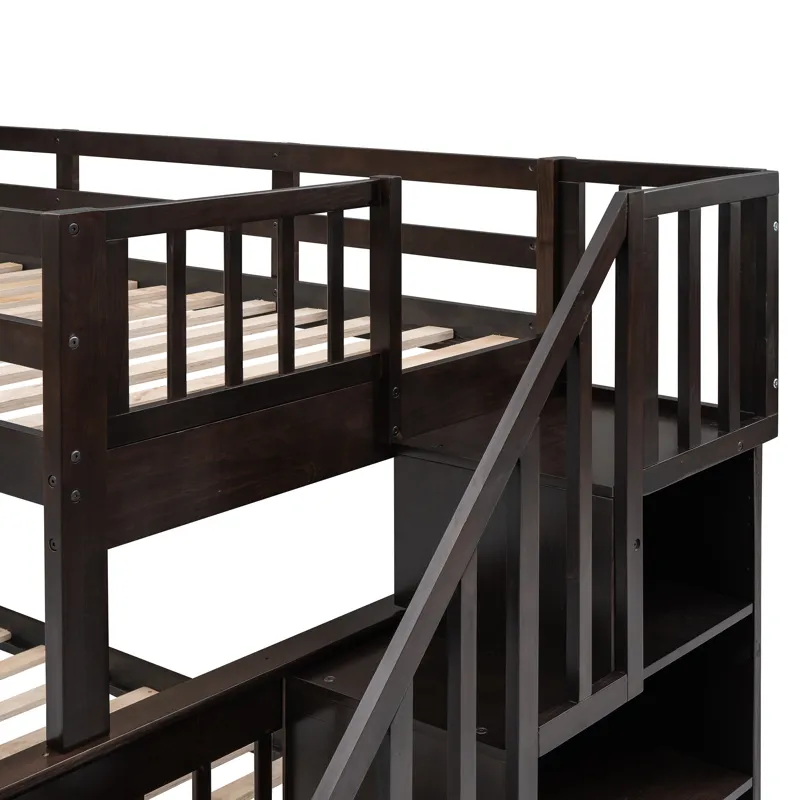 Twin Over Full Stairway Bunk Bed With Drawer, Storage And Guard Rail For Bedroom, Dorm, For Adults -