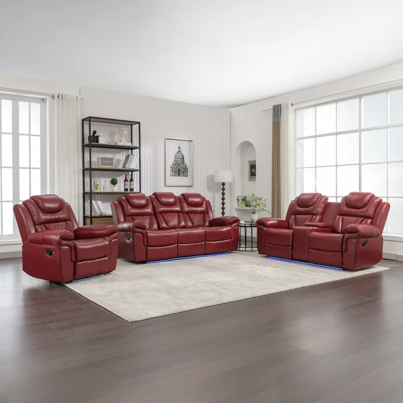 3 Pieces Recliner Sofa Sets Home Theater Seating Manual Recliner Chair With Center Console And Led L