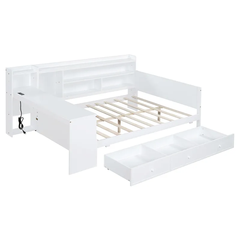 Full Size Wooden Daybed With 3 Drawers, USB Ports And Desk - White